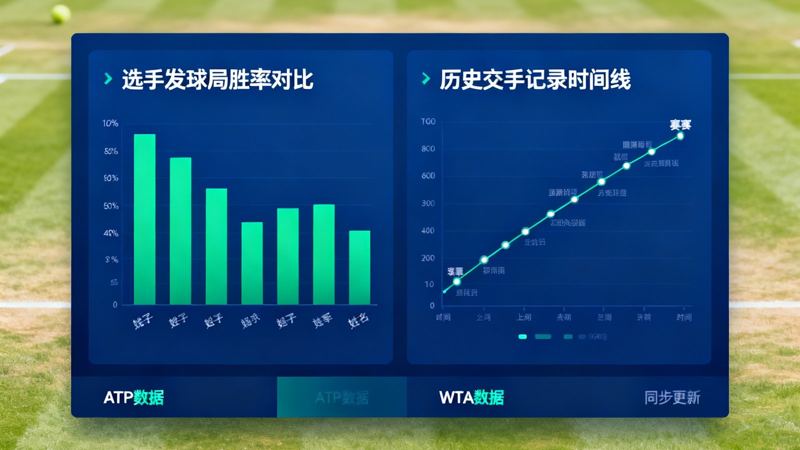 华体会网球赛事洞察界面，展示选手发球局胜率对比柱状图与历史交手记录时间线，ATP和WTA数据同步更新